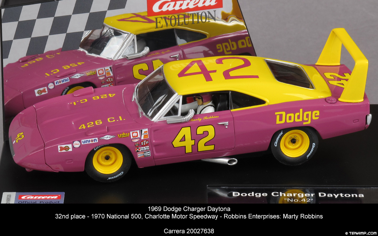 Carrera 20027638 Dodge Charger Daytona - #42 Marty Robbins. 32nd place, 1970 Natioanl 500, Charlotte Motor Speedway