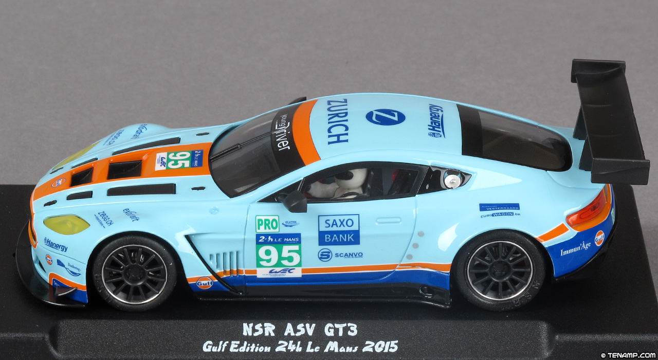 NSR 0048 ASV GT3 (Aston Martin Vantage GT3) - #95 Gulf/Zurich/Saxo Bank. 27th place, Le Mans 24 Hours 2015. Aston Martin Racing: Marco Søørensen / Nicki Thiim / Christoffer Nygaard. Real car is an Aston Martin V8 Vantage GTE
