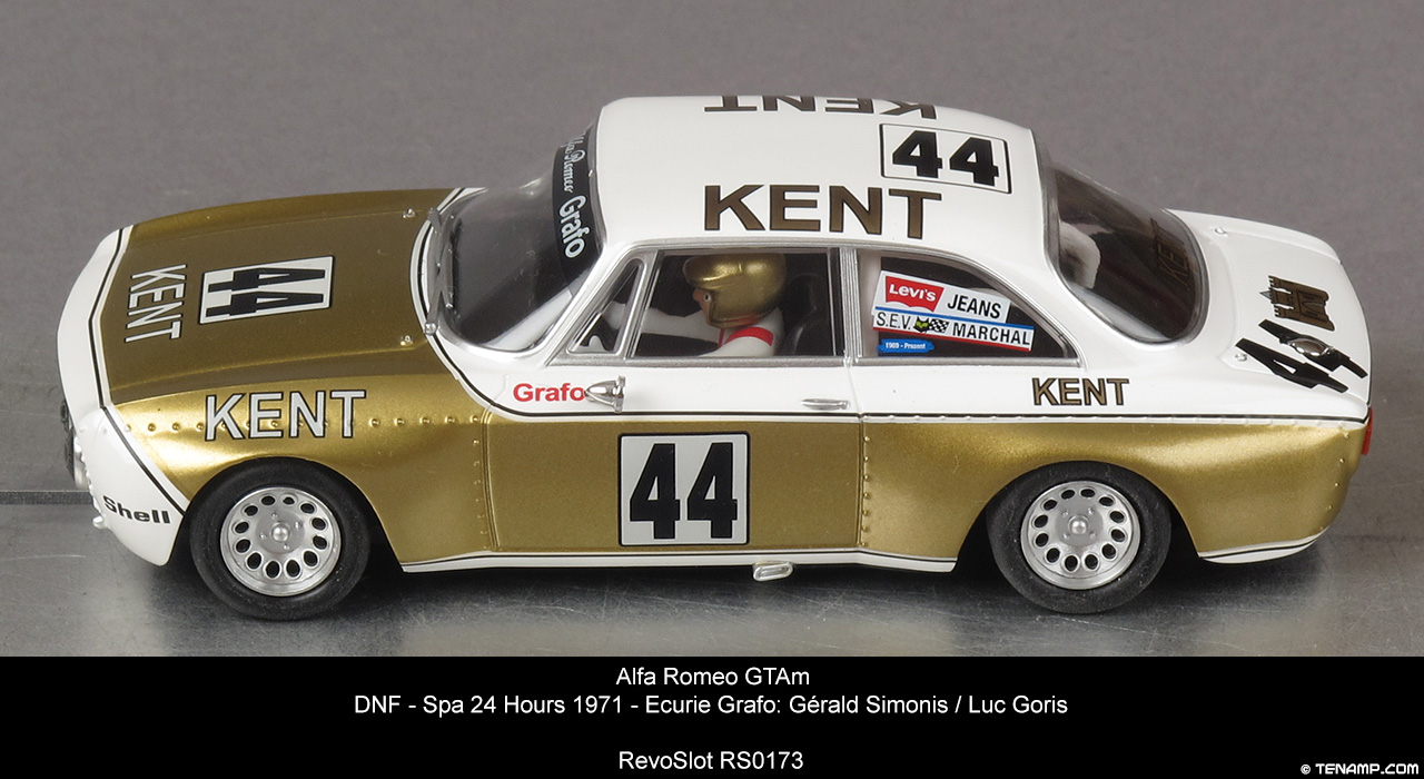 RevoSlot RS0173 Alfa Romeo GTAm - No44 Kent. Ecurie Grafo. DNF, Spa 24 Hours 1971. Gérald Simonis / Luc Goris