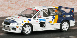 Scalextric C2588 Mitsubishi Lancer Evo 7 WRC - #105 Statoil. 21st place, Swedish Rally 2003. Kenneth Bäcklund / Bosse Holmstrand - 01