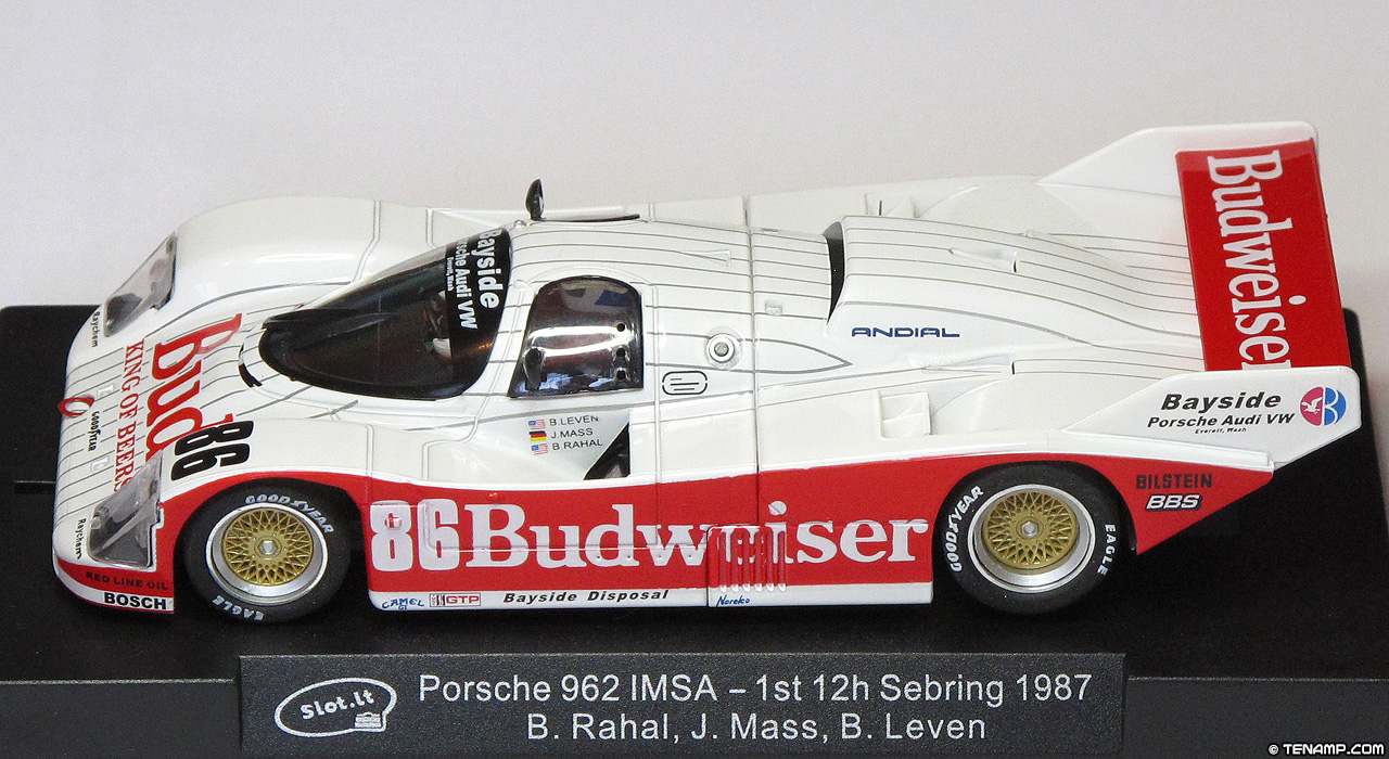Slot.it CA25C Porsche 962 IMSA - #86 Budweiser. Bayside Disposal Racing/Bruce Leven: Winner, Sebring 12 Hours 1987. Bobby Rahal / Jochen Mass